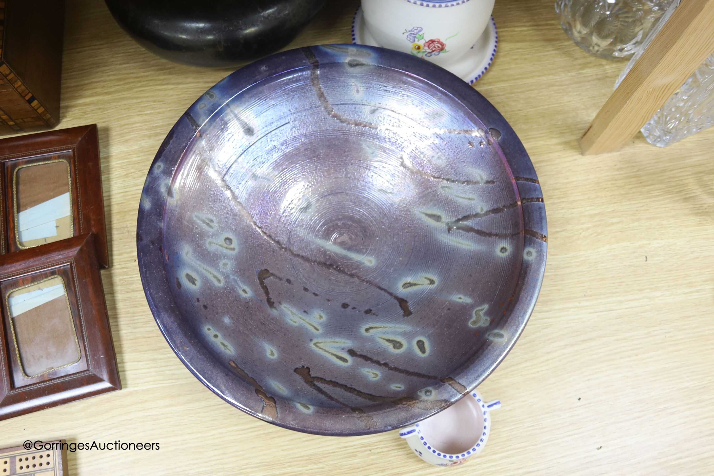 A Jane Woodford lustre pottery bowl and various mixed pottery, largest diameter 35cm